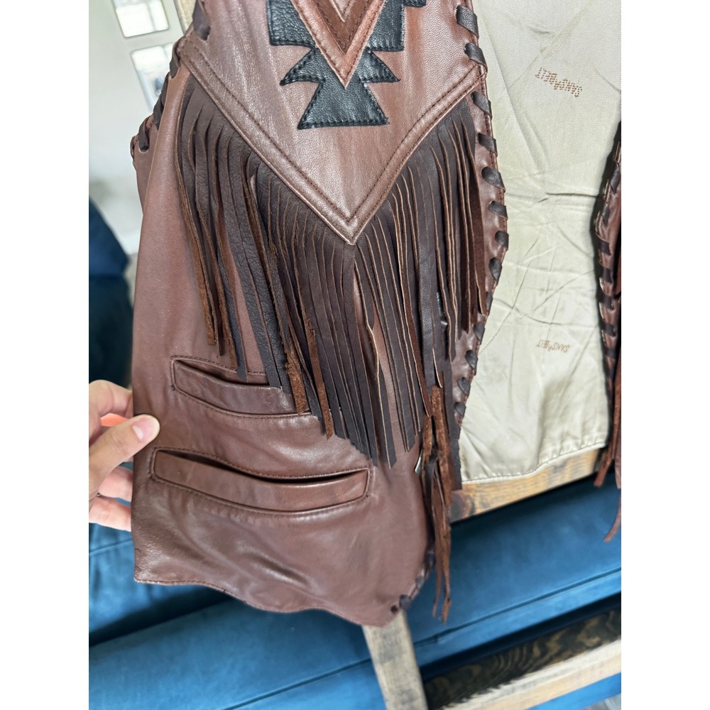 Vintage Bull Genuine Leather Western Fringe Vest Southwestern Whipstitch Mens L - Picture 2 of 15